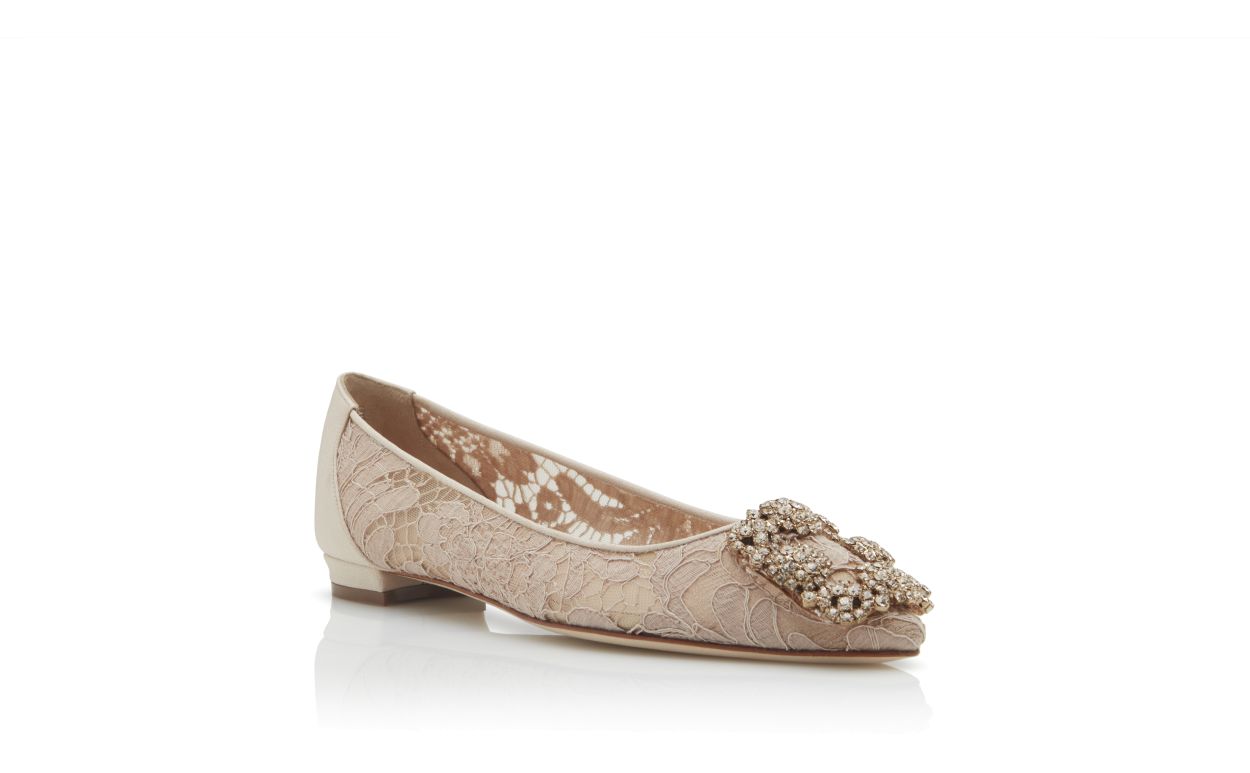 Pink Champagne Lace Jewel Buckle Flat Pumps