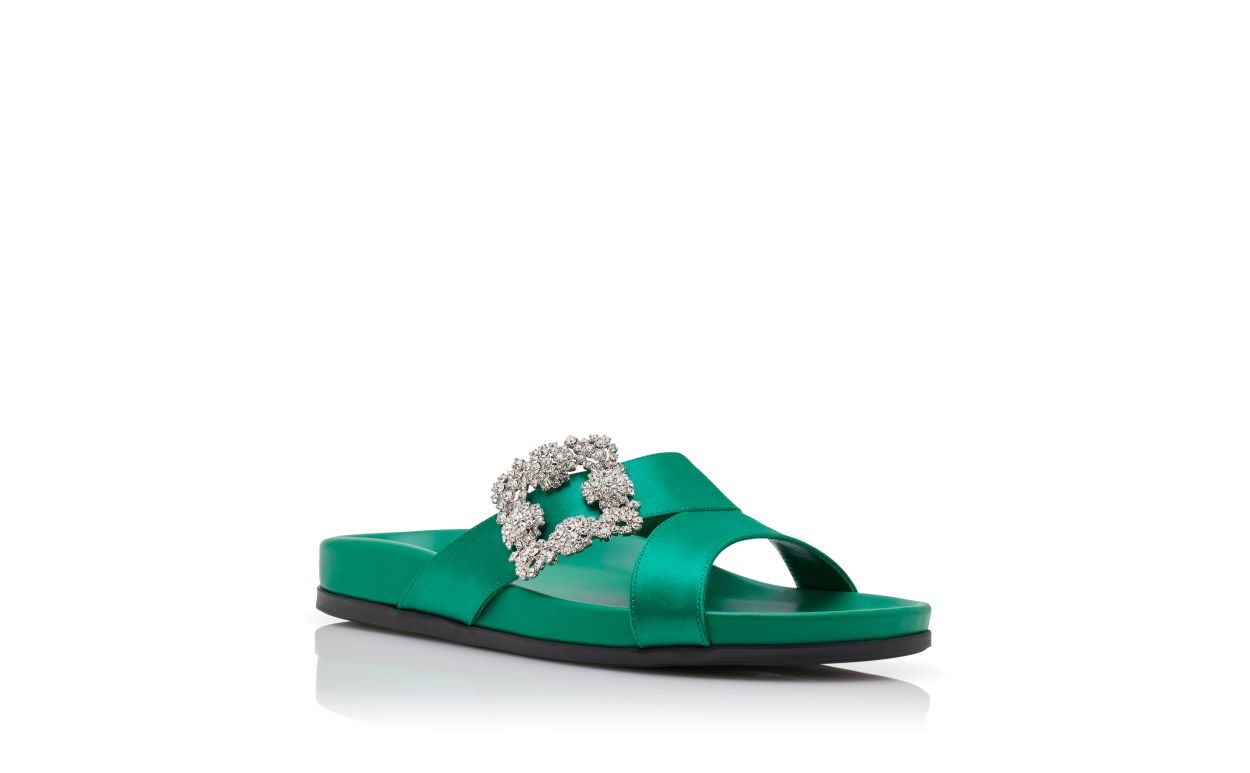 Green Satin Jewel Buckle Flat Mules