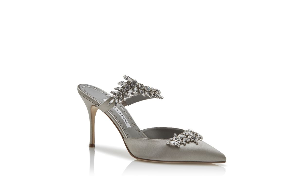 Grey Satin Crystal Embellished Mules