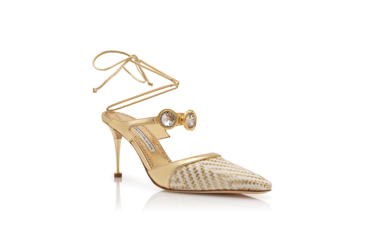 Gold Nappa Leather Crystal Embellished Ankle Strap Pumps