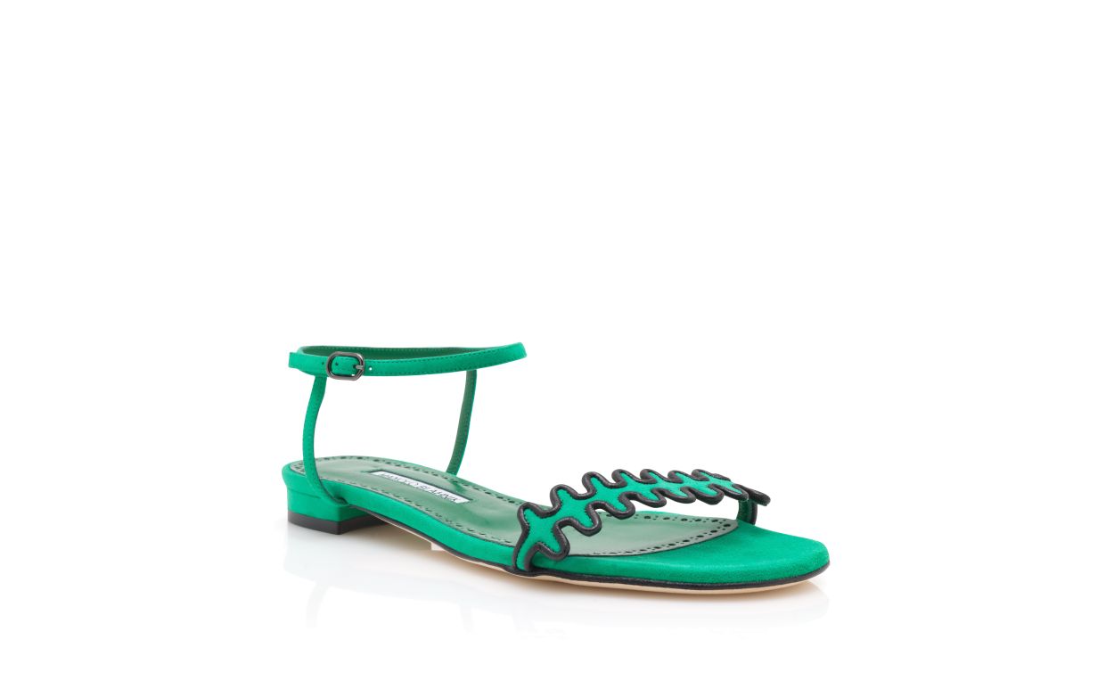 Green Suede Ankle Strap Flat Sandals