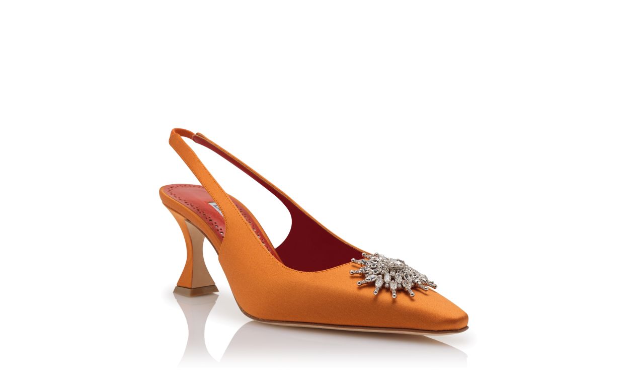 Orange Satin Crystal Embellished Slingback Pumps