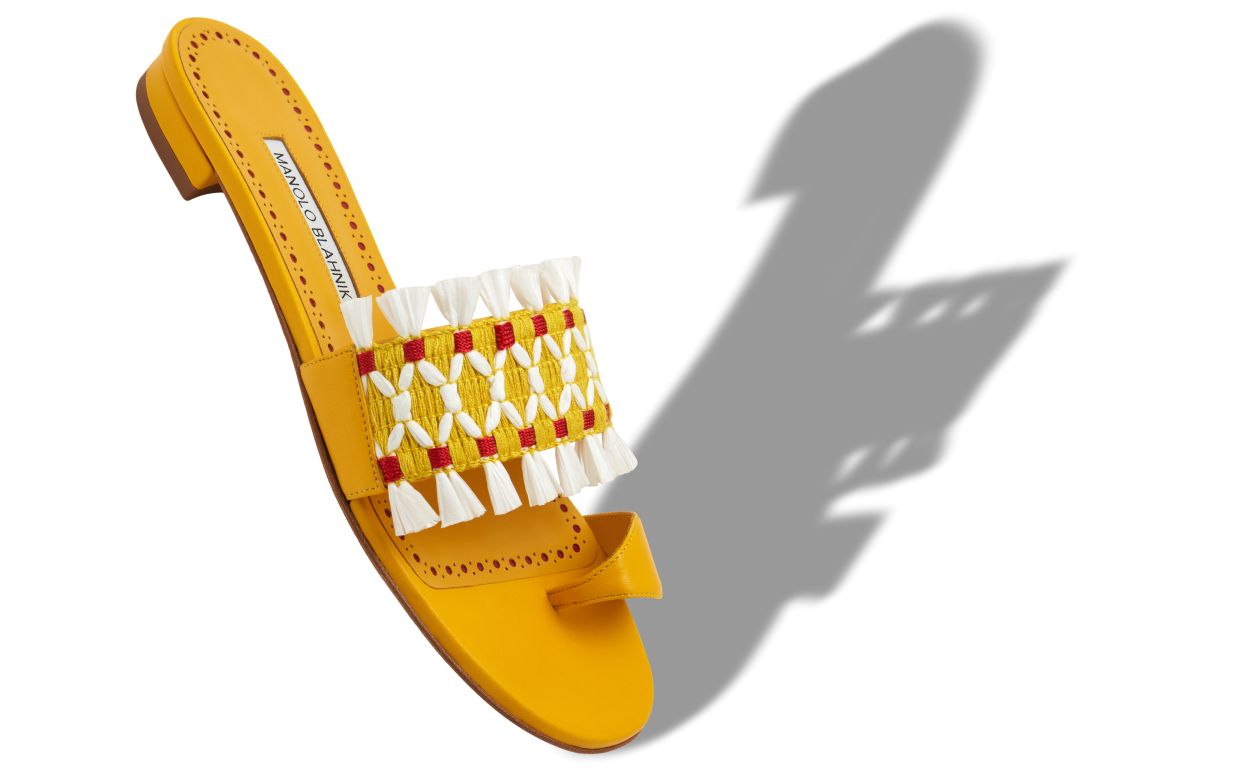Yellow Nappa Leather Raffia Detail Flat Mules