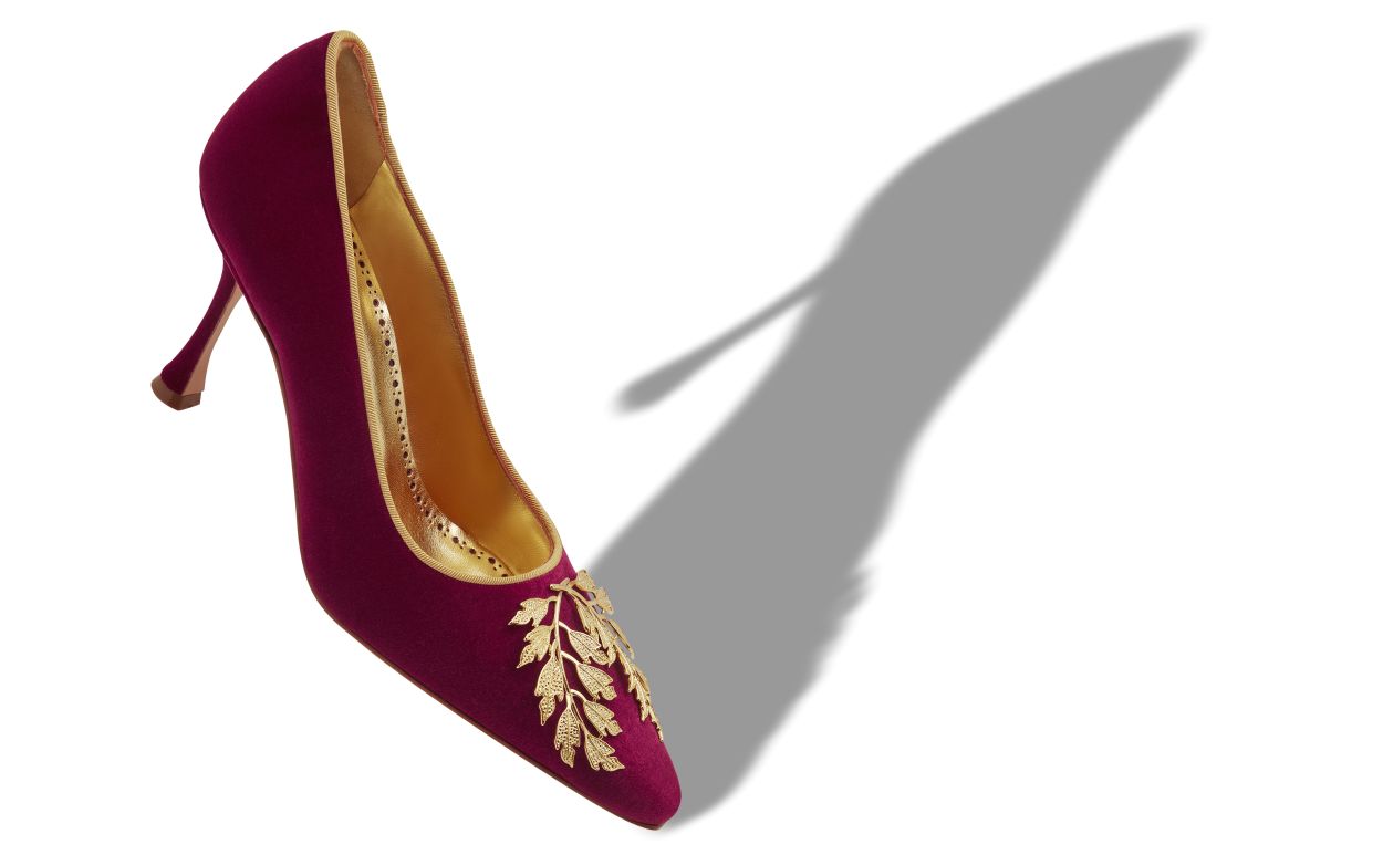 Dark Red Velvet Embellished Pumps