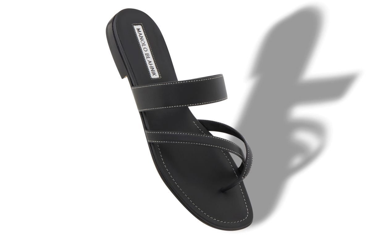 Black Calf Leather Crossover Flat Sandals