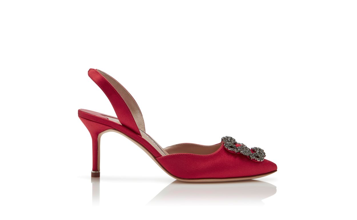 Red Satin Jewel Buckle Slingback Pumps