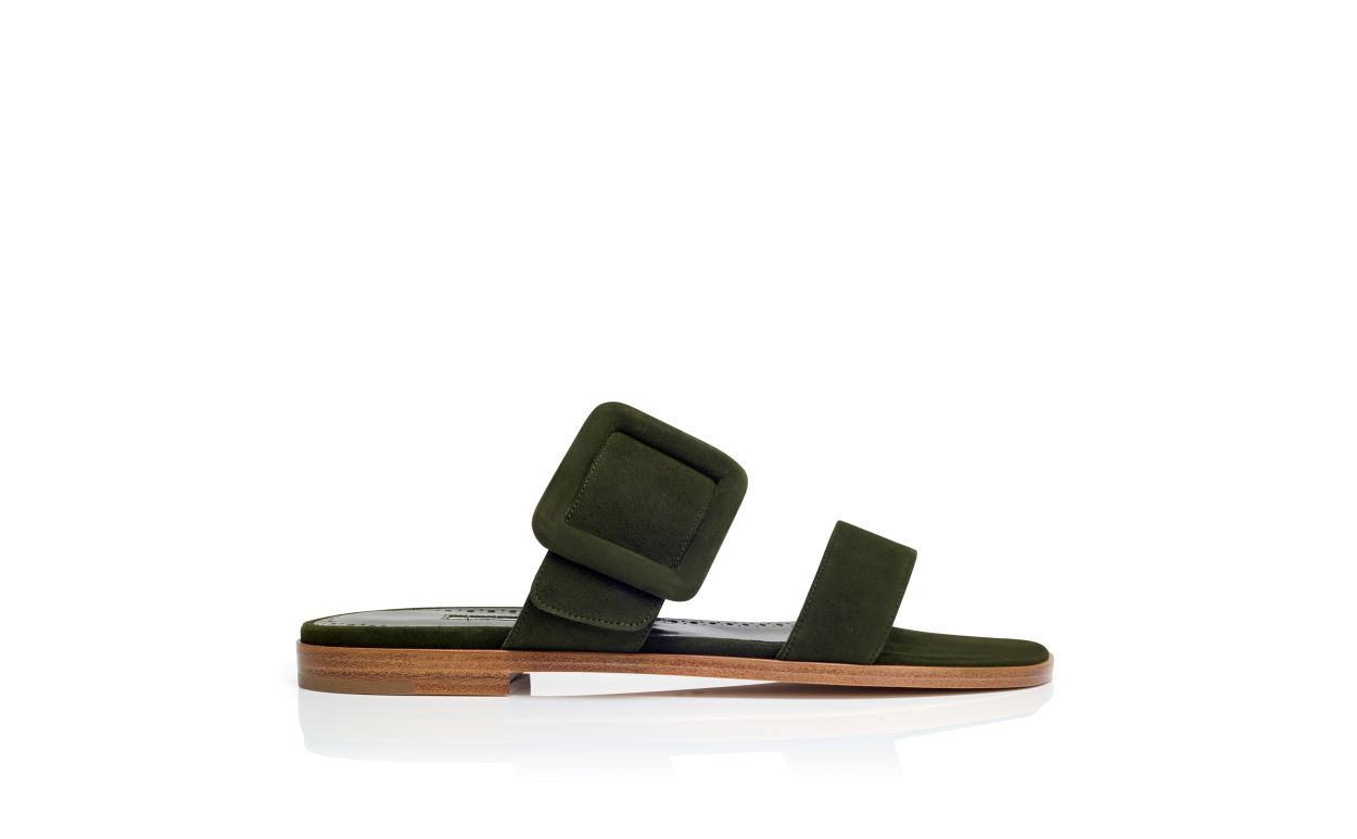 Dark Green Suede Flat Sandals