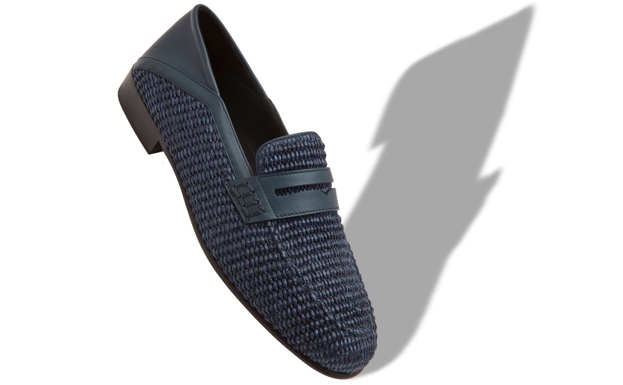 Navy Blue Raffia Penny Loafers