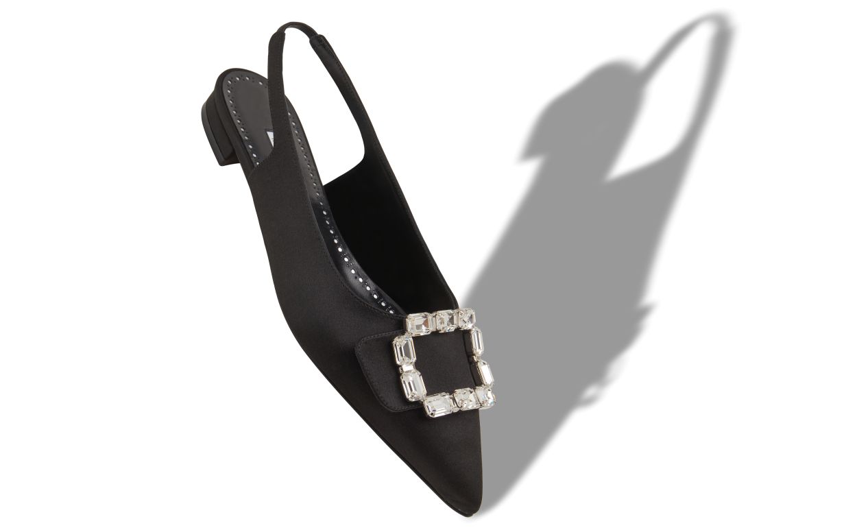 Black Satin Crystal Buckle Slingback Flat Pumps
