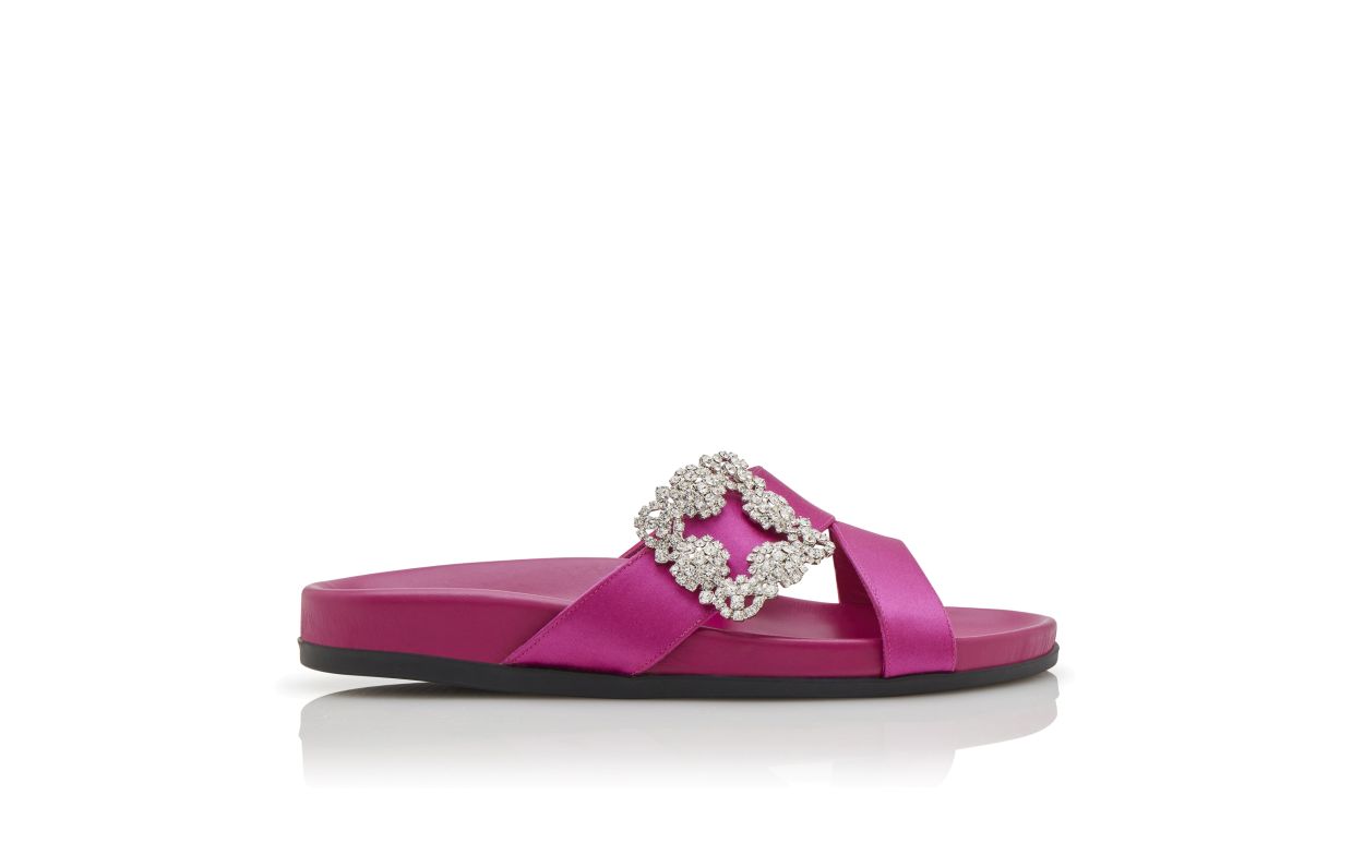 Dark Fuchsia Satin Jewel Buckle Flat Mules