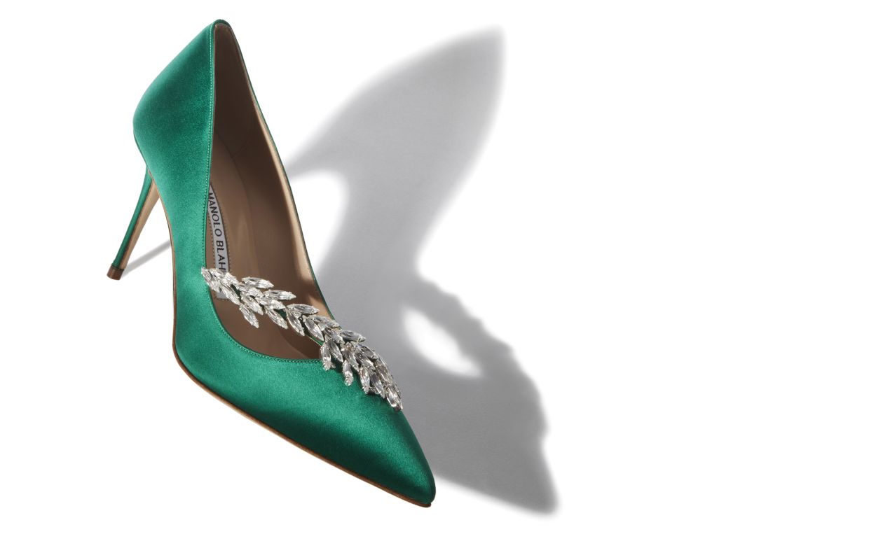 Green Satin Jewel Buckle Pumps