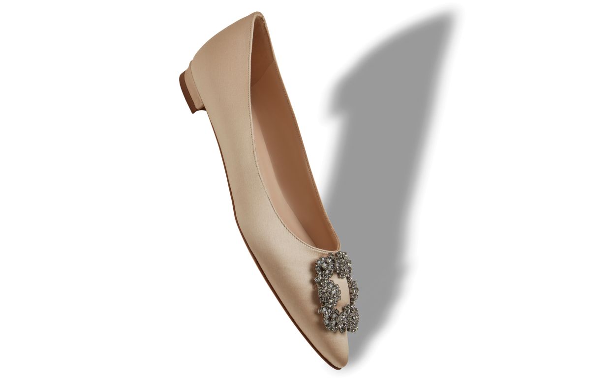 Champagne Satin Jewel Buckle Flat Pumps