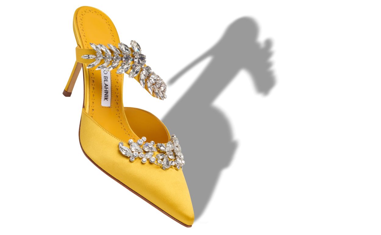 Yellow Satin Crystal Embellished Mules