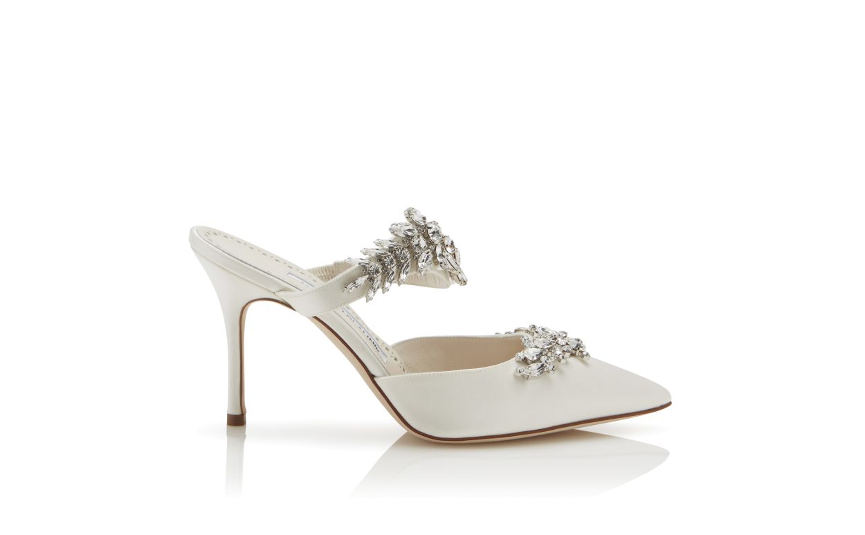 Off-White Satin Crystal Embellished Mules