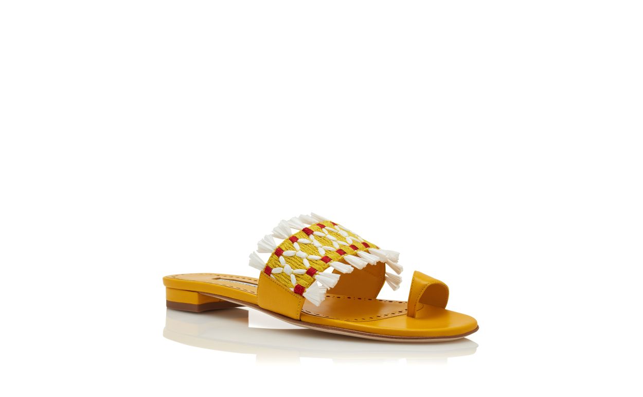 Yellow Nappa Leather Raffia Detail Flat Mules