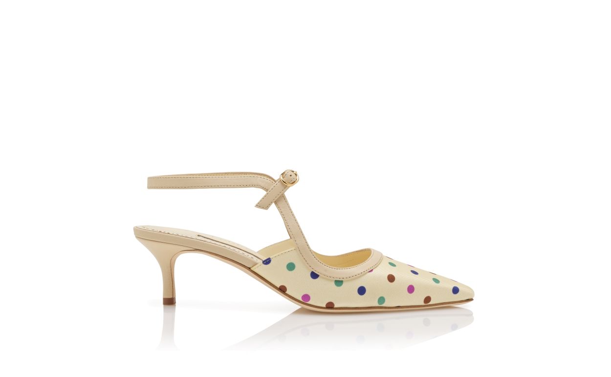 Cream Silk Polka Dot Ankle Strap Pumps