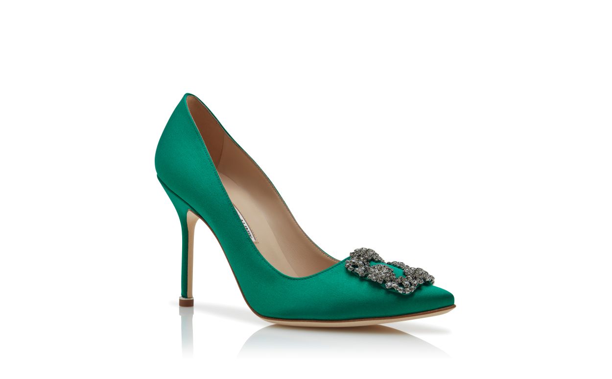 Green Satin Jewel Buckle Pumps