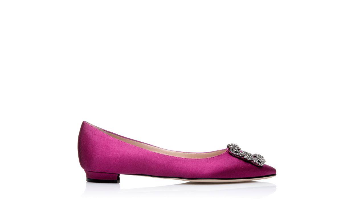 Dark Fuchsia Satin Jewel Buckle Flat Pumps