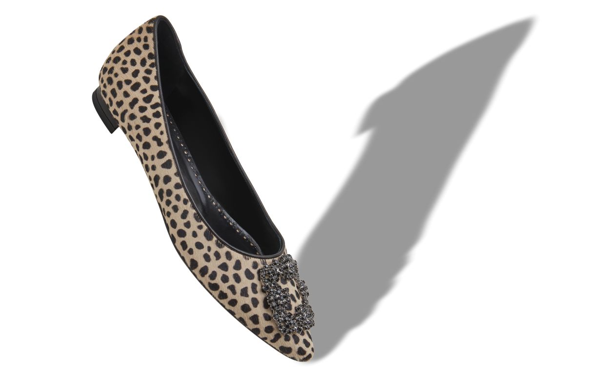Animal Print Calf Hair Jewel Buckle Flat Pumps