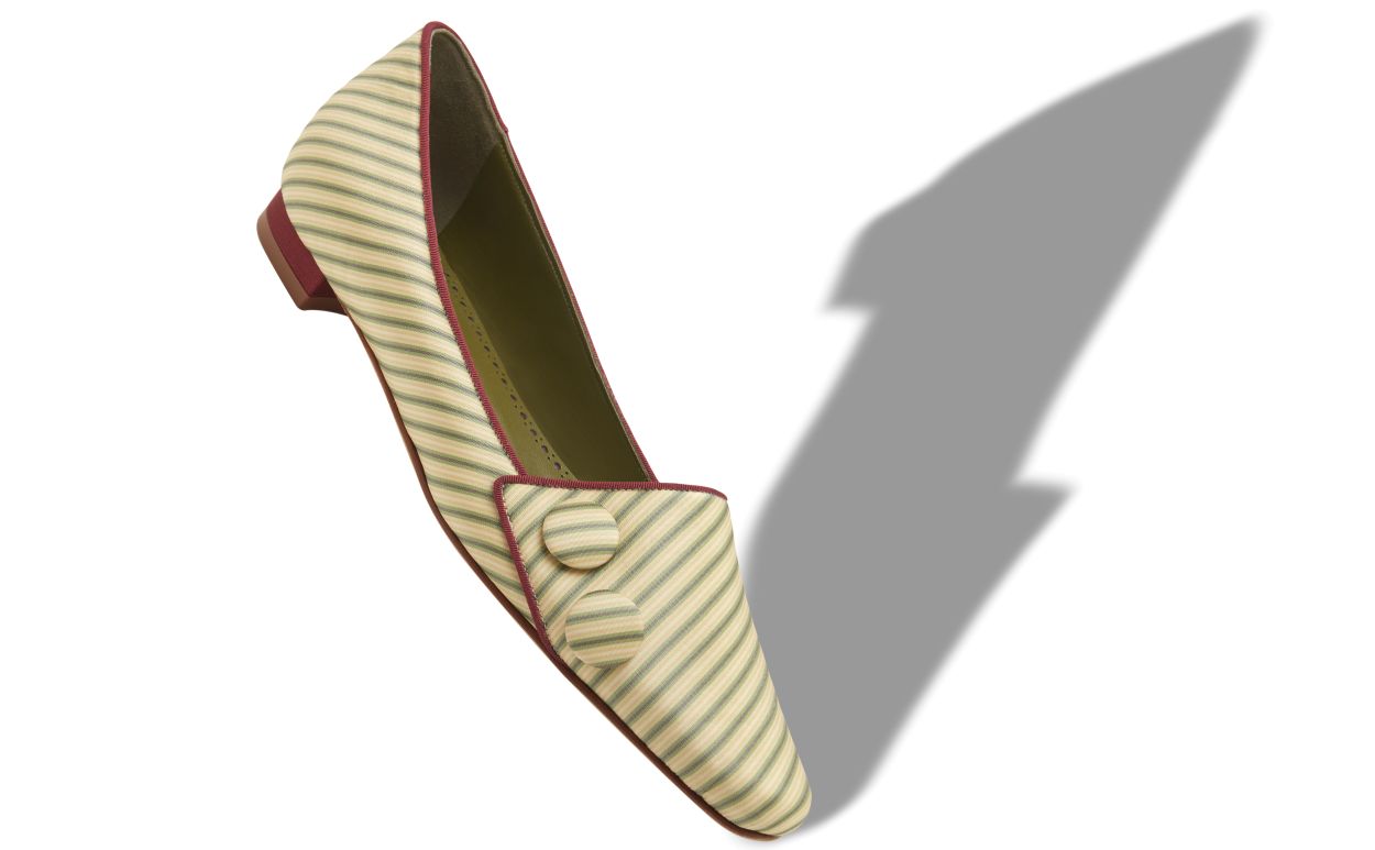 Green and Beige Silk Striped Flat Pumps