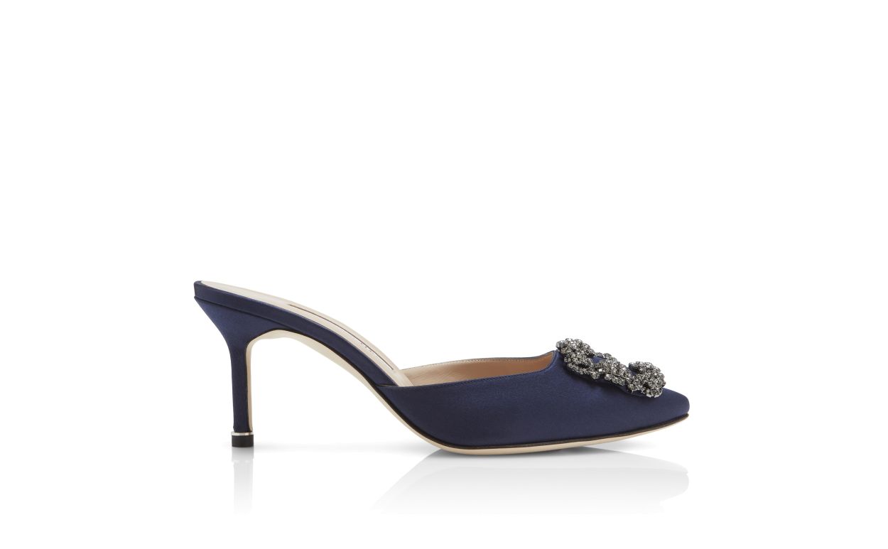 Navy Blue Satin Jewel Buckle Mules