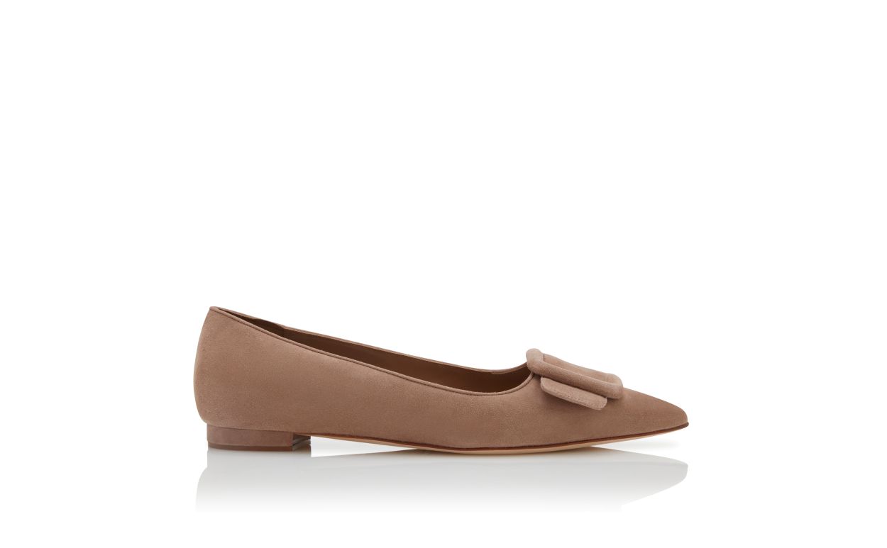 Beige Suede Buckle Detail Flat Pumps