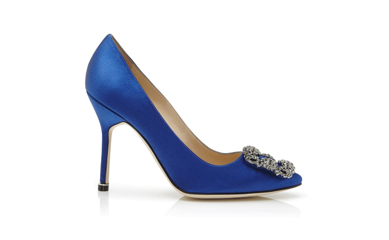 Blue Satin Jewel Buckle Pumps