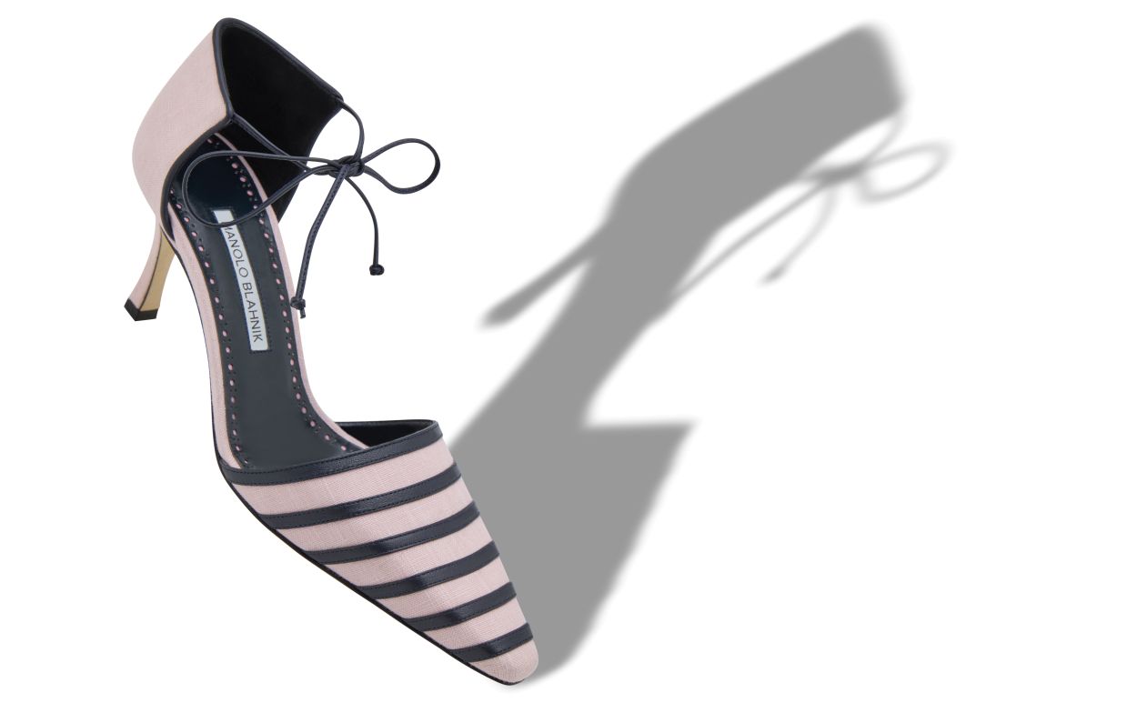 Light Pink and Navy Blue Linen Ankle Strap Pumps