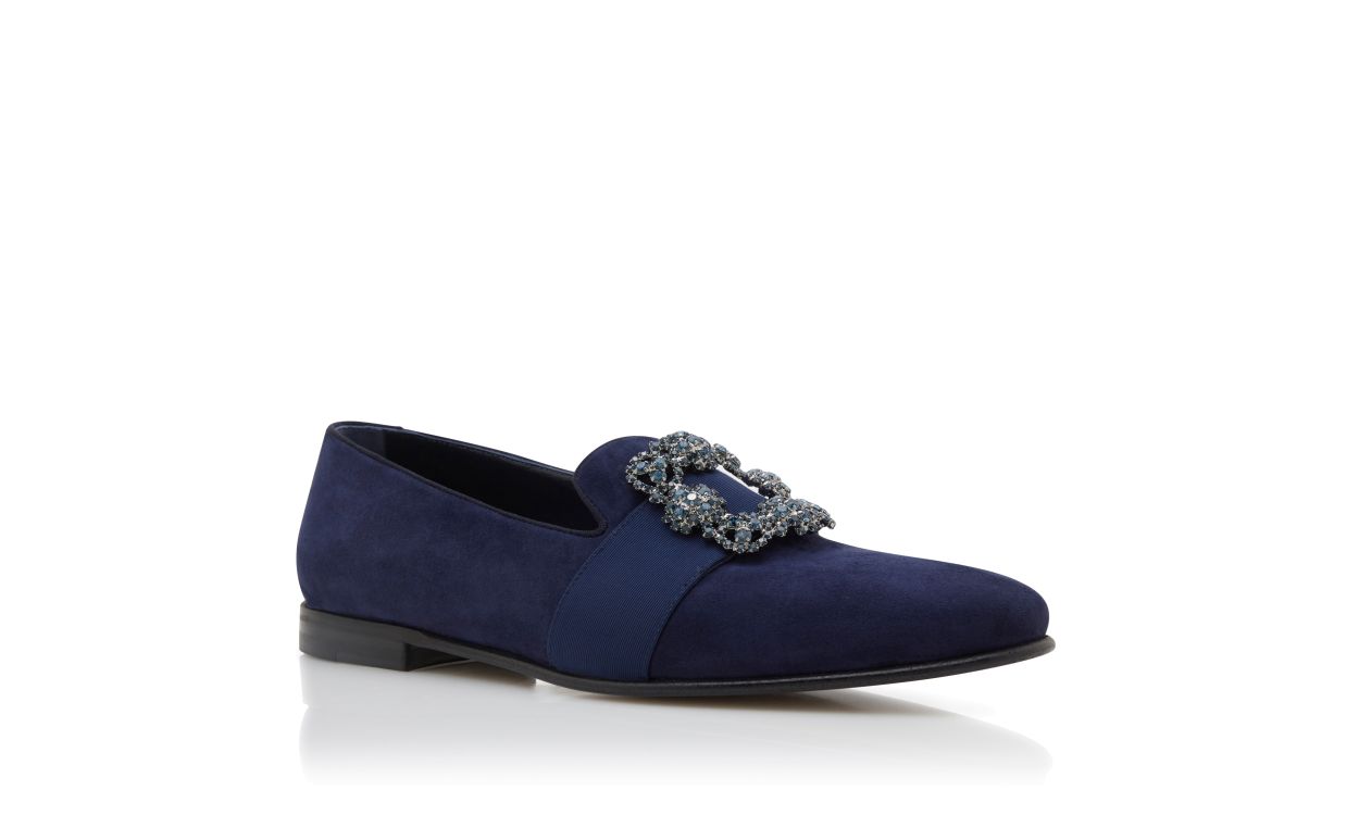 Navy Blue Suede Jewelled Buckle Loafers