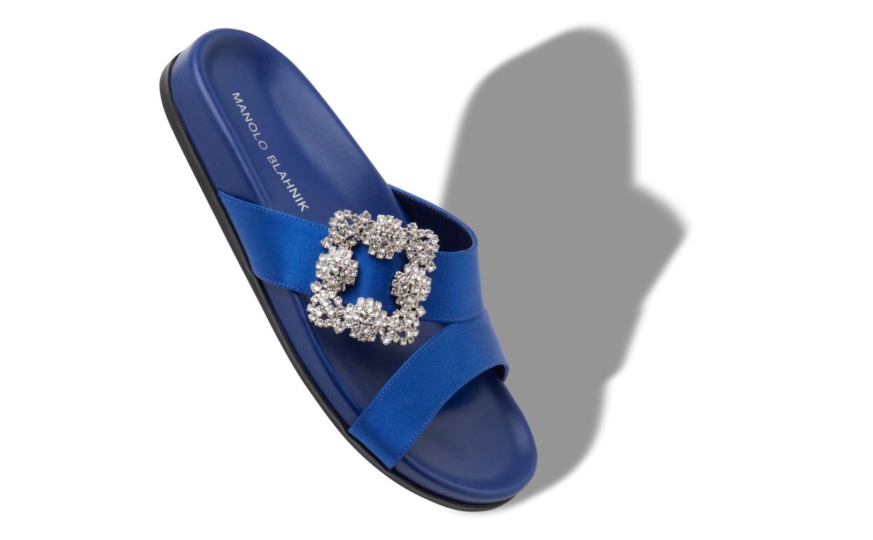Blue Satin Jewel Buckle Flat Mules