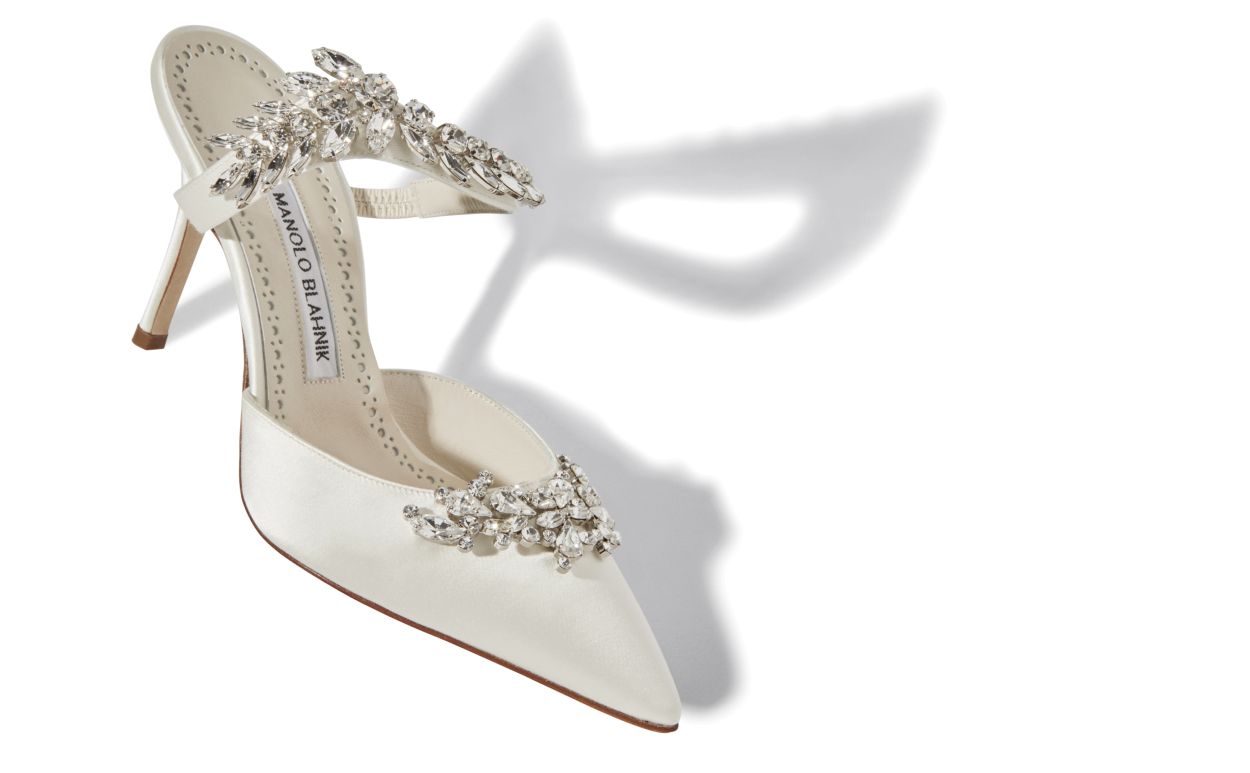 Off-White Satin Crystal Embellished Mules