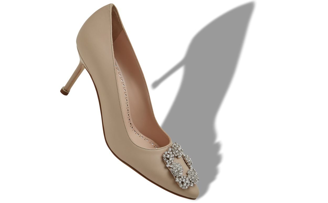 Light Beige Calf Leather Jewel Buckle Pumps