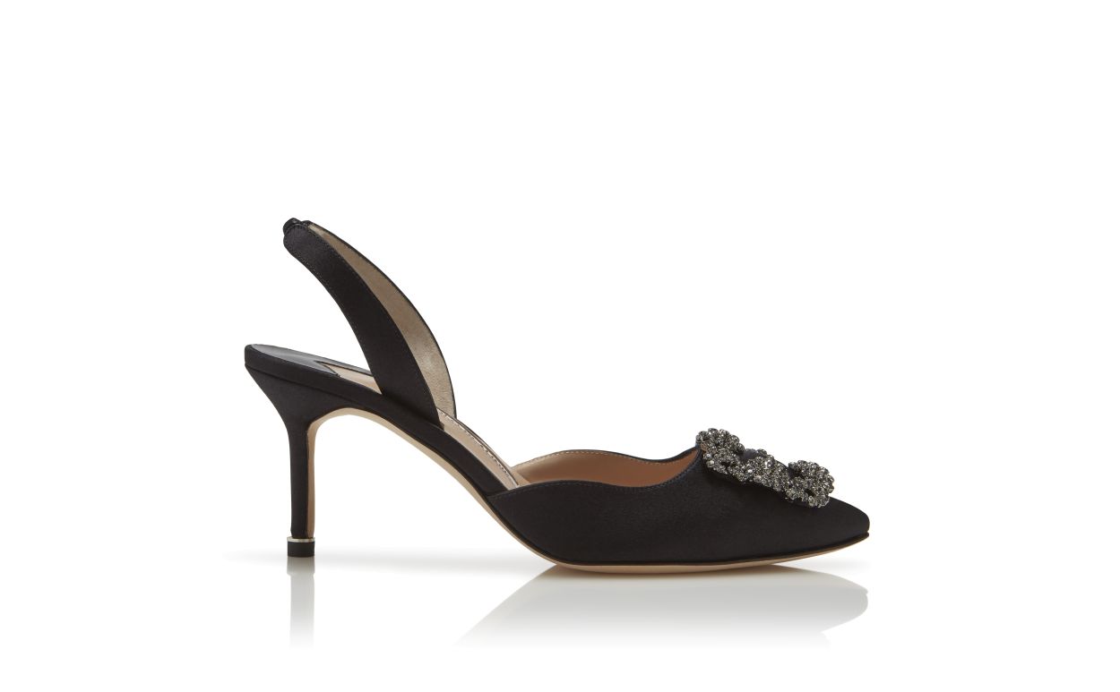Black Satin Jewel Buckle Slingback Pumps
