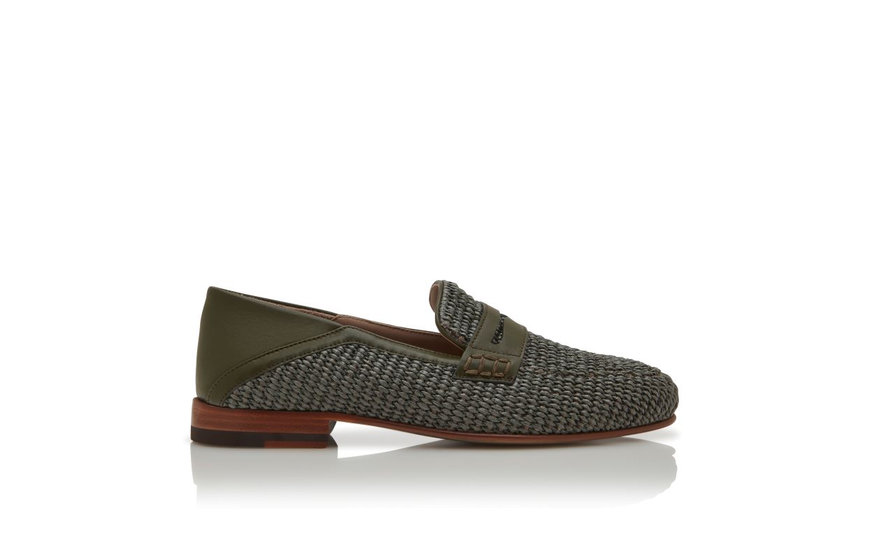 Dark Green Raffia Penny Loafers