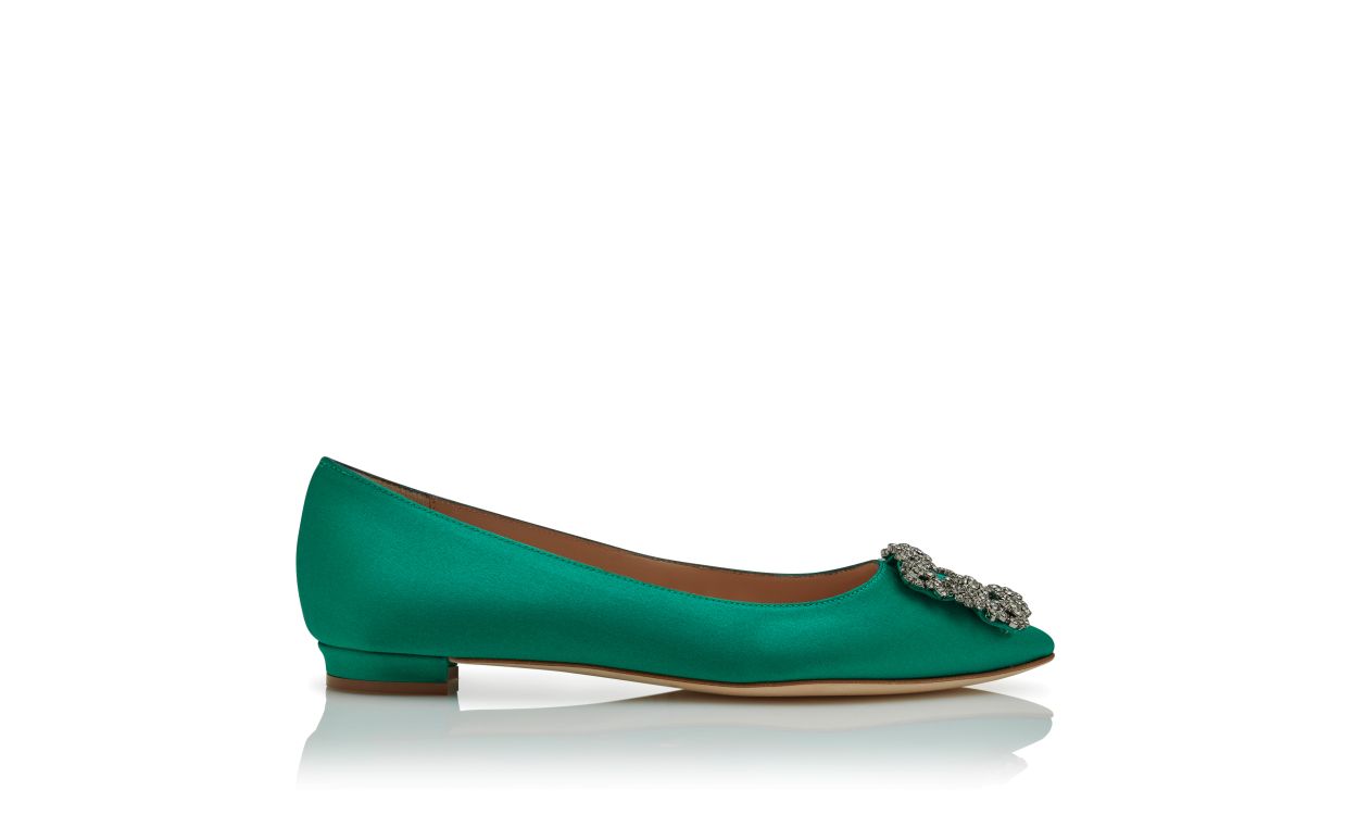 Green Satin Jewel Buckle Flat Pumps