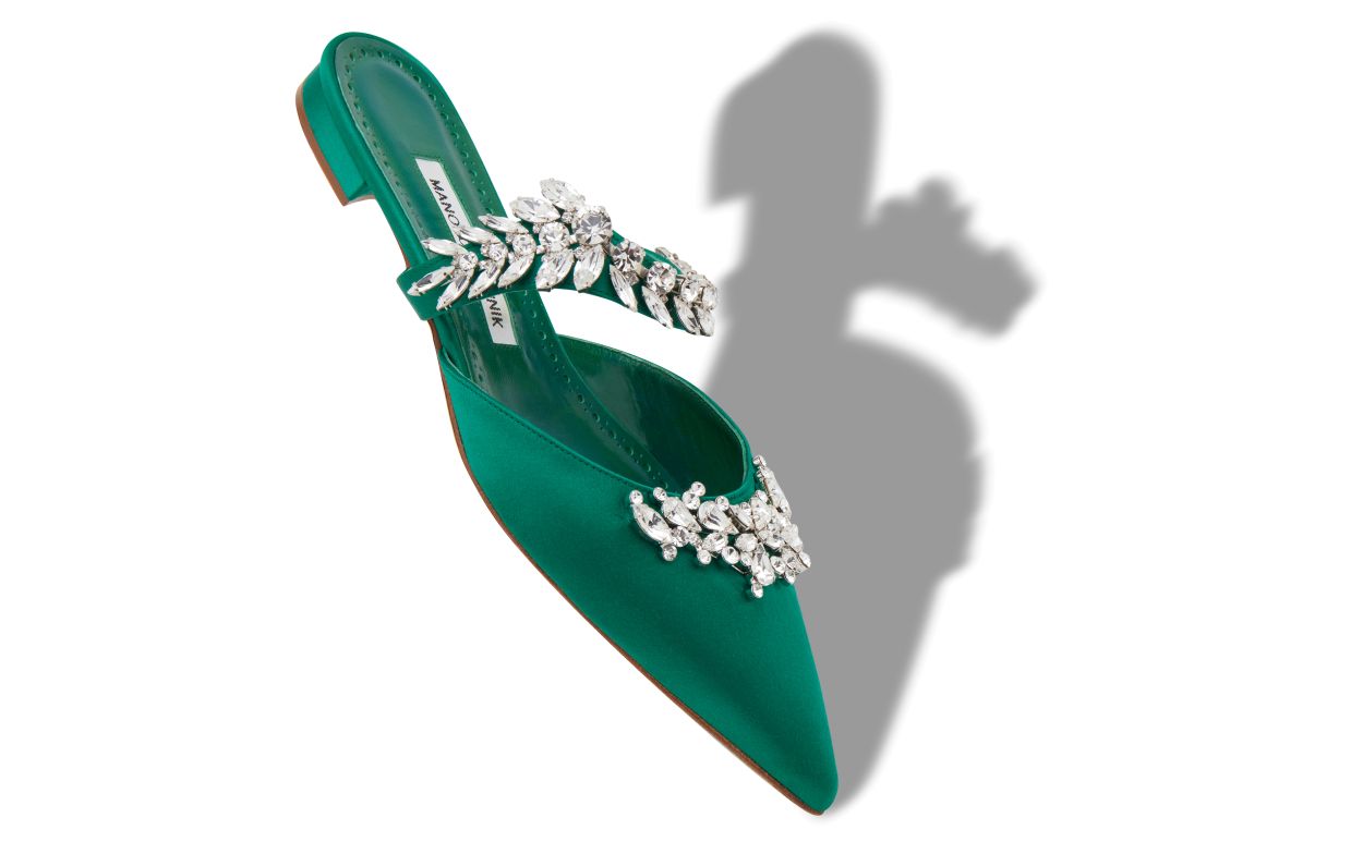 Green Satin Crystal Embellished Flat Mules