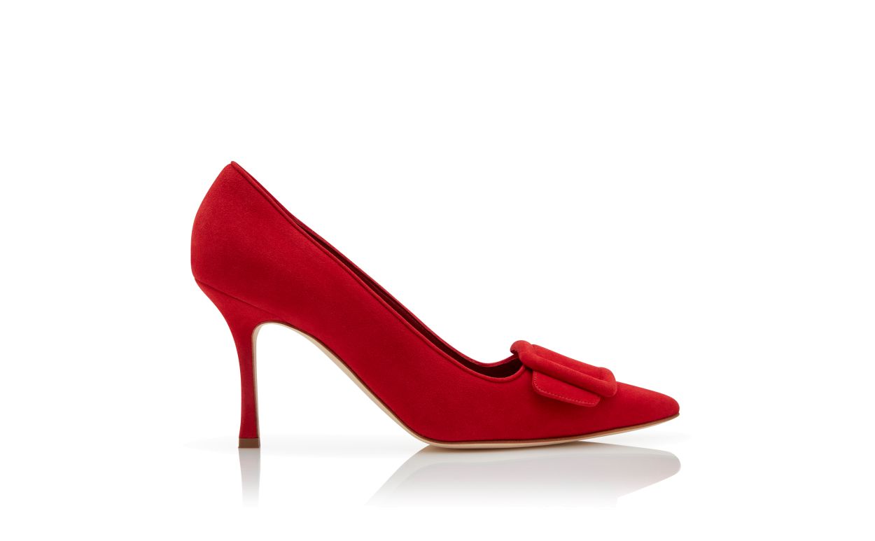 Red Suede Buckle Detail Pumps