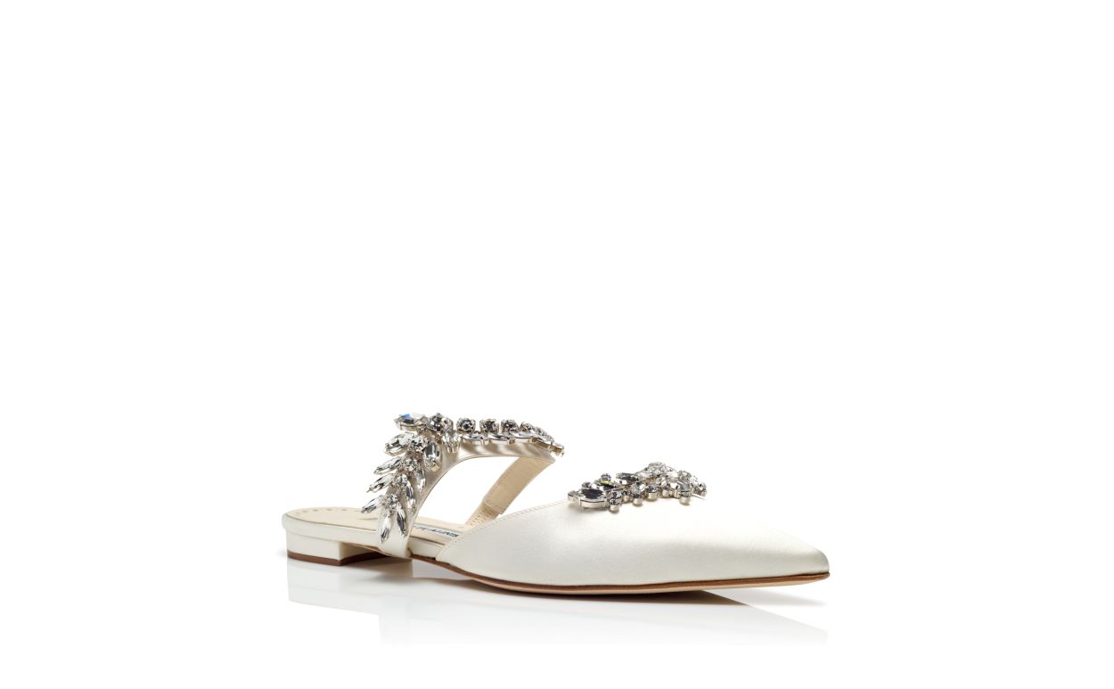 Light Cream Satin Crystal Embellished Flat Mules