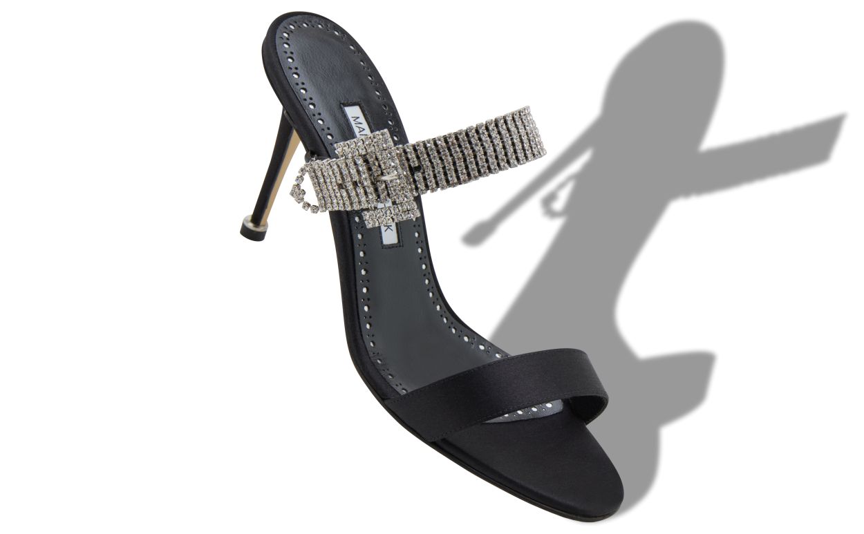 Black Satin Crystal Embellished Strap Mules