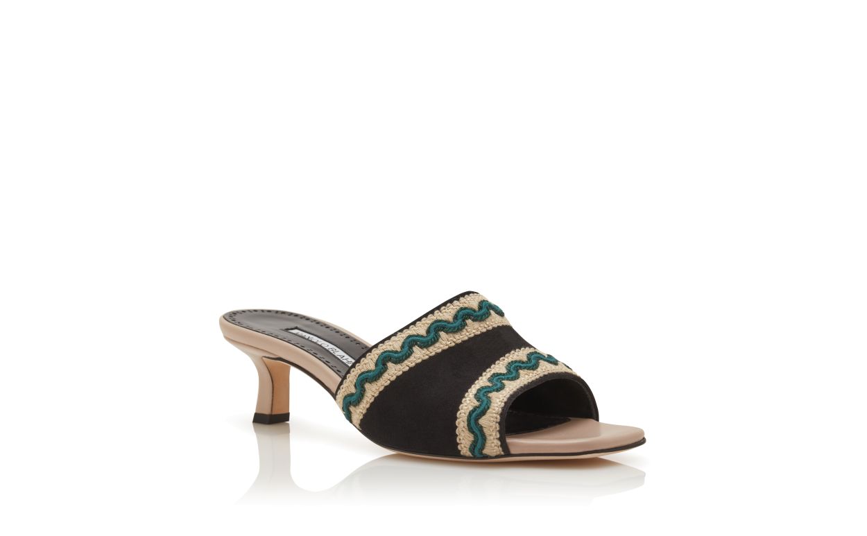 Light Beige and Black Suede Knitted Detail Mules