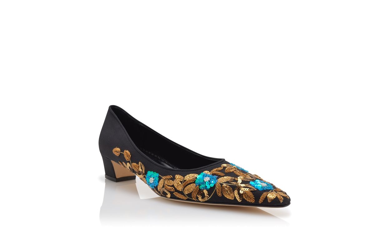 Black Crepe de Chine Embroidered Pumps