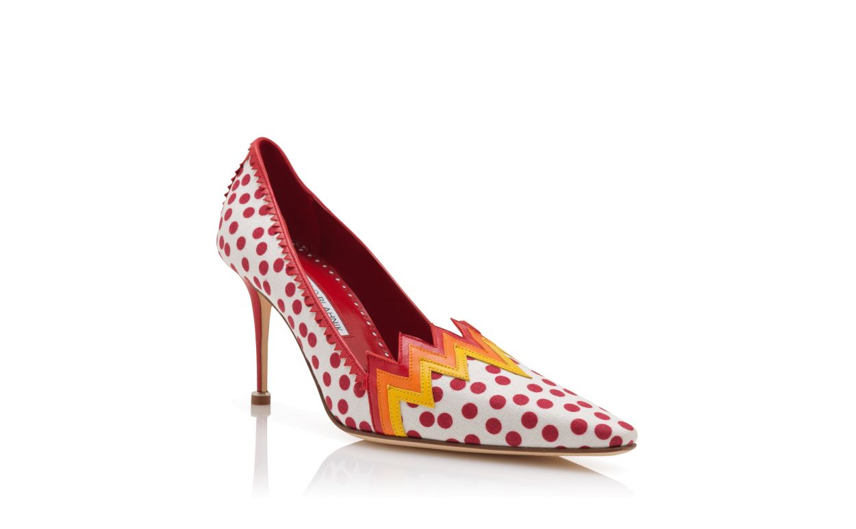 Red and White Linen Polka Dot Pumps