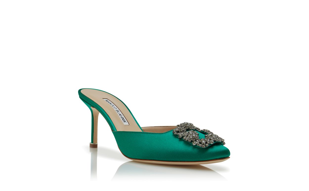 Green Satin Jewel Buckle Mules