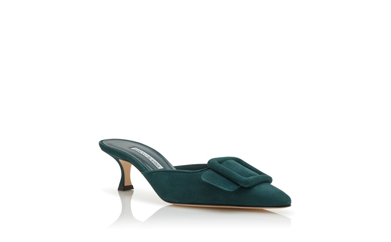 Dark Green Suede Buckle Detail Mules