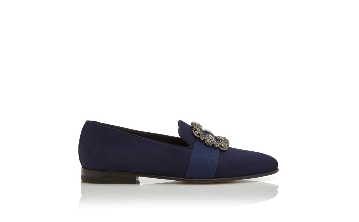 Navy Blue Suede Jewel Buckle Loafers
