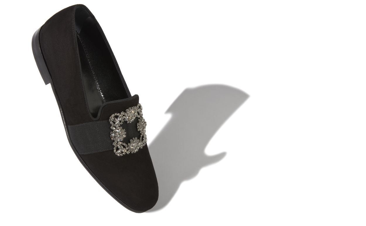 Black Suede Jewelled Buckle Loafers