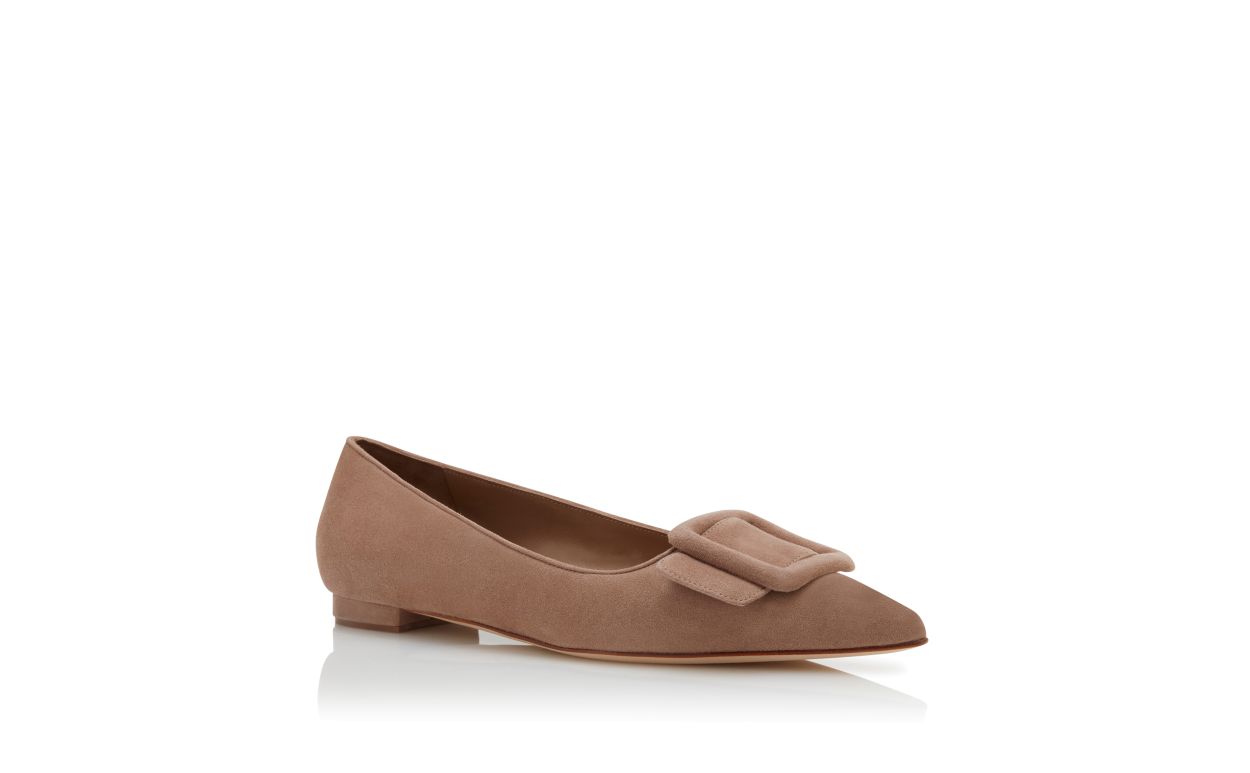 Beige Suede Buckle Detail Flat Pumps