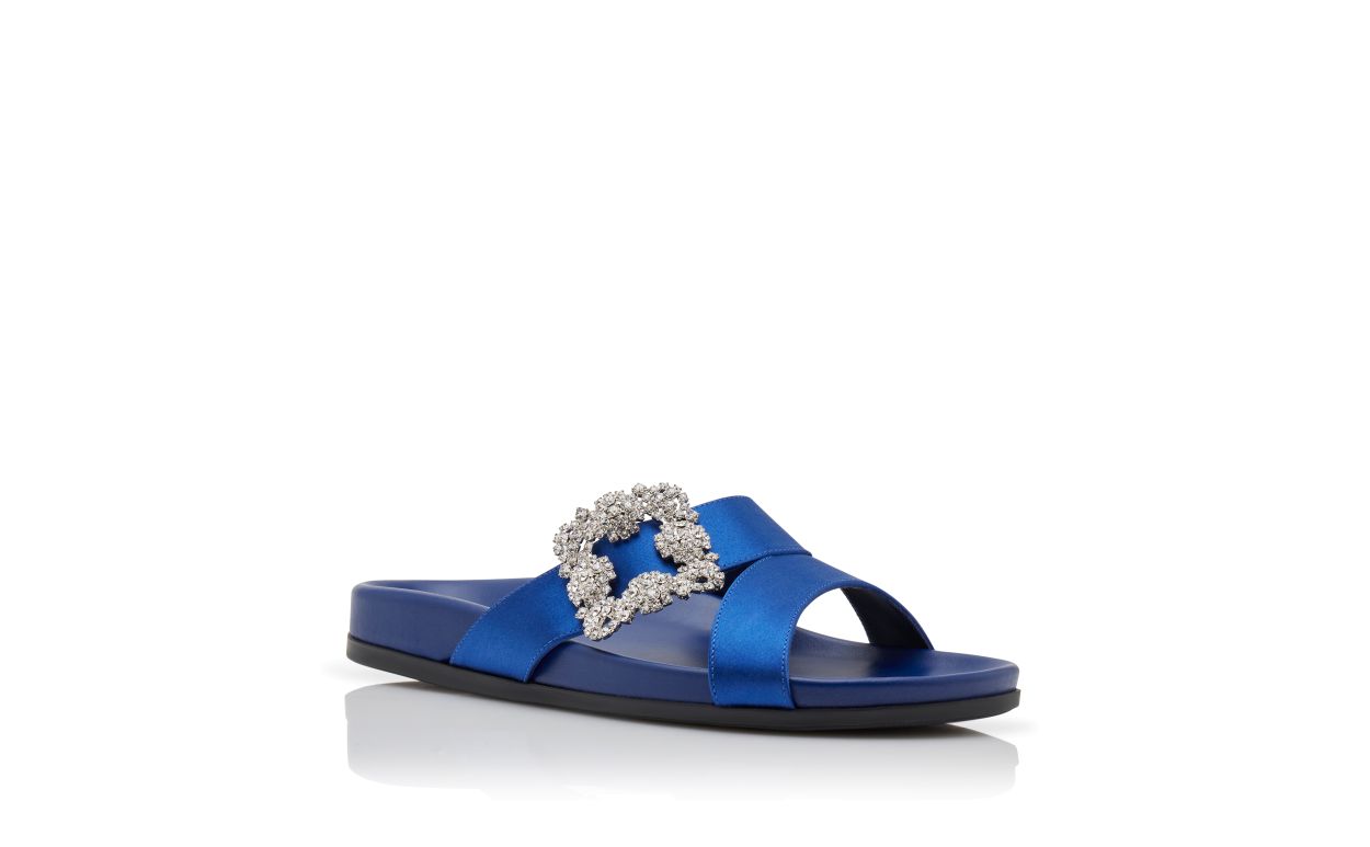 Blue Satin Jewel Buckle Flat Mules