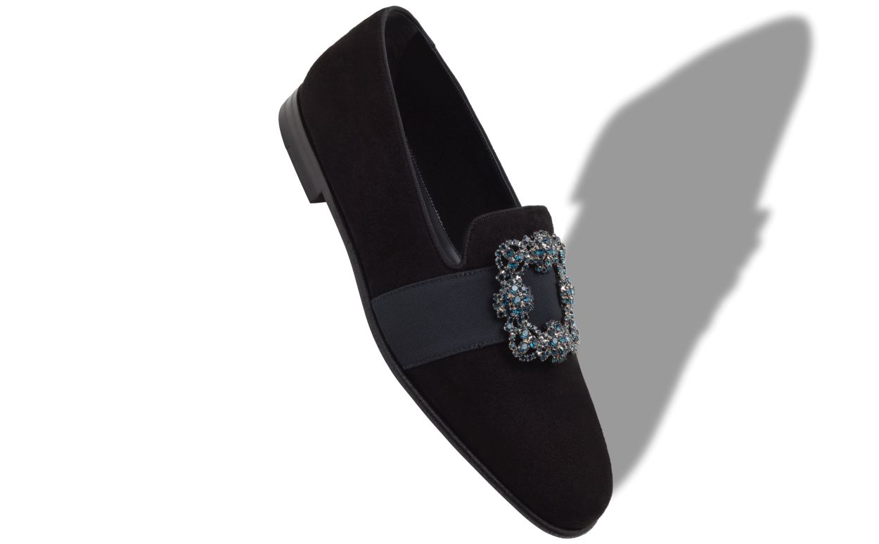 Black Suede Jewel Buckle Loafers