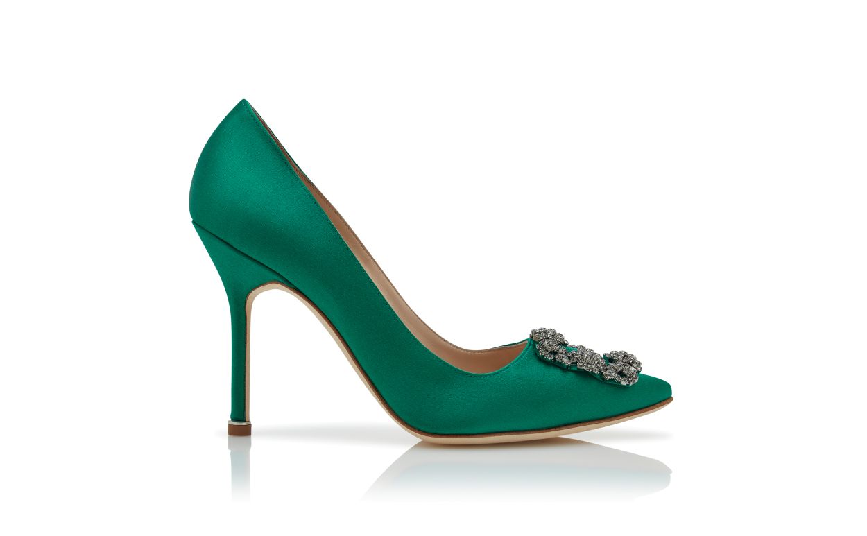 Green Satin Jewel Buckle Pumps